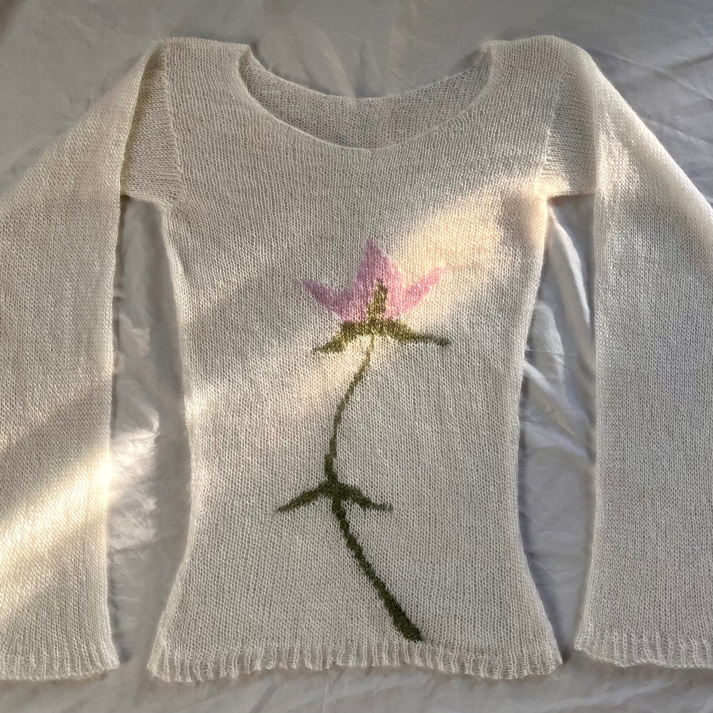 white and purple mohair flower top