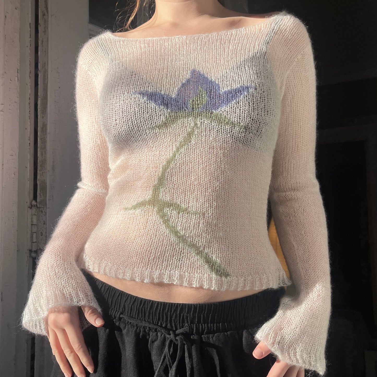 white and blue mohair flower top