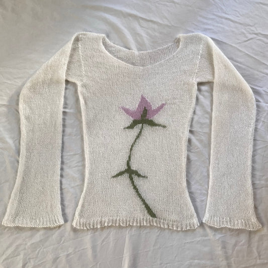 white and purple mohair flower top