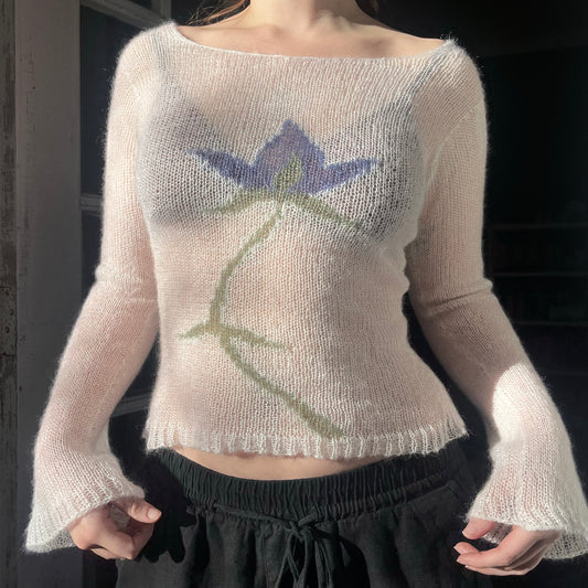 white and blue mohair flower top