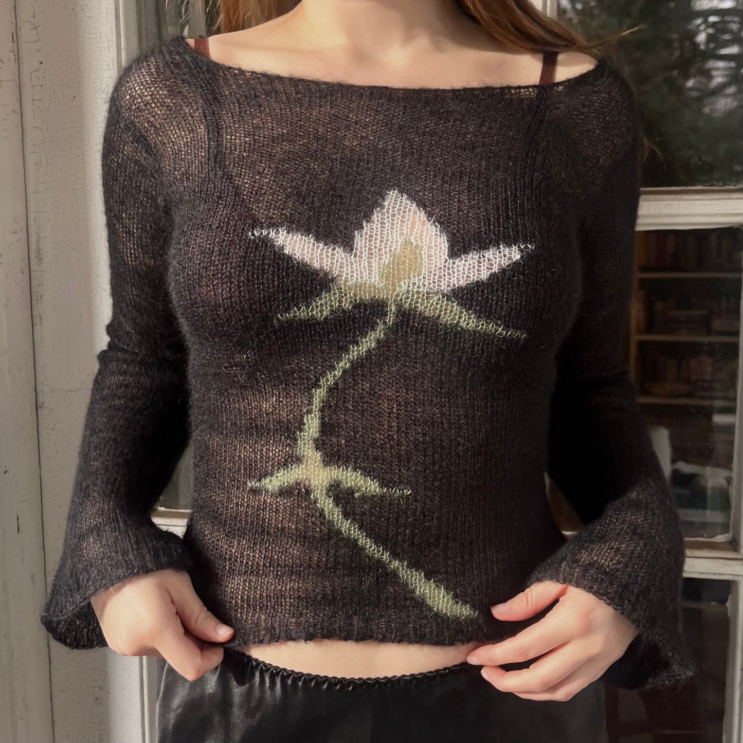 black and white mohair flower top